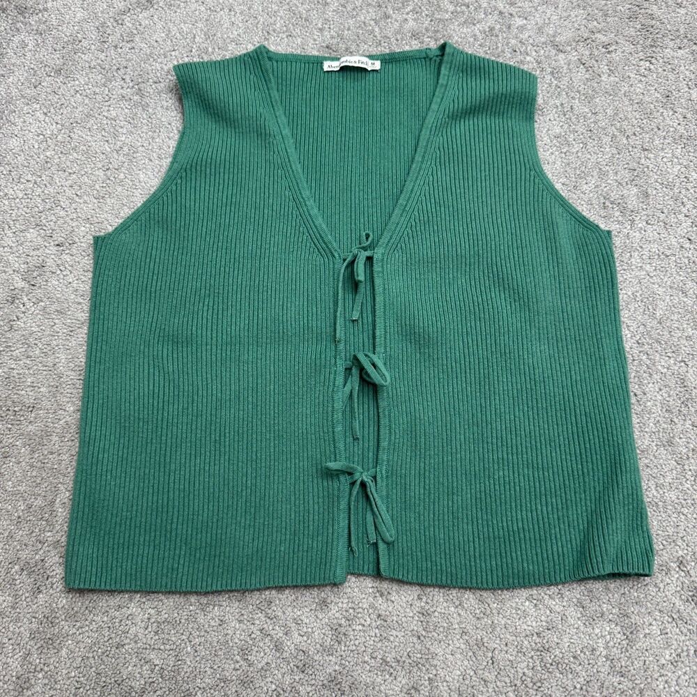 Abercrombie & Fitch Ribbed Tie Front Sweater Vest Top Women M Green Stretch Knit